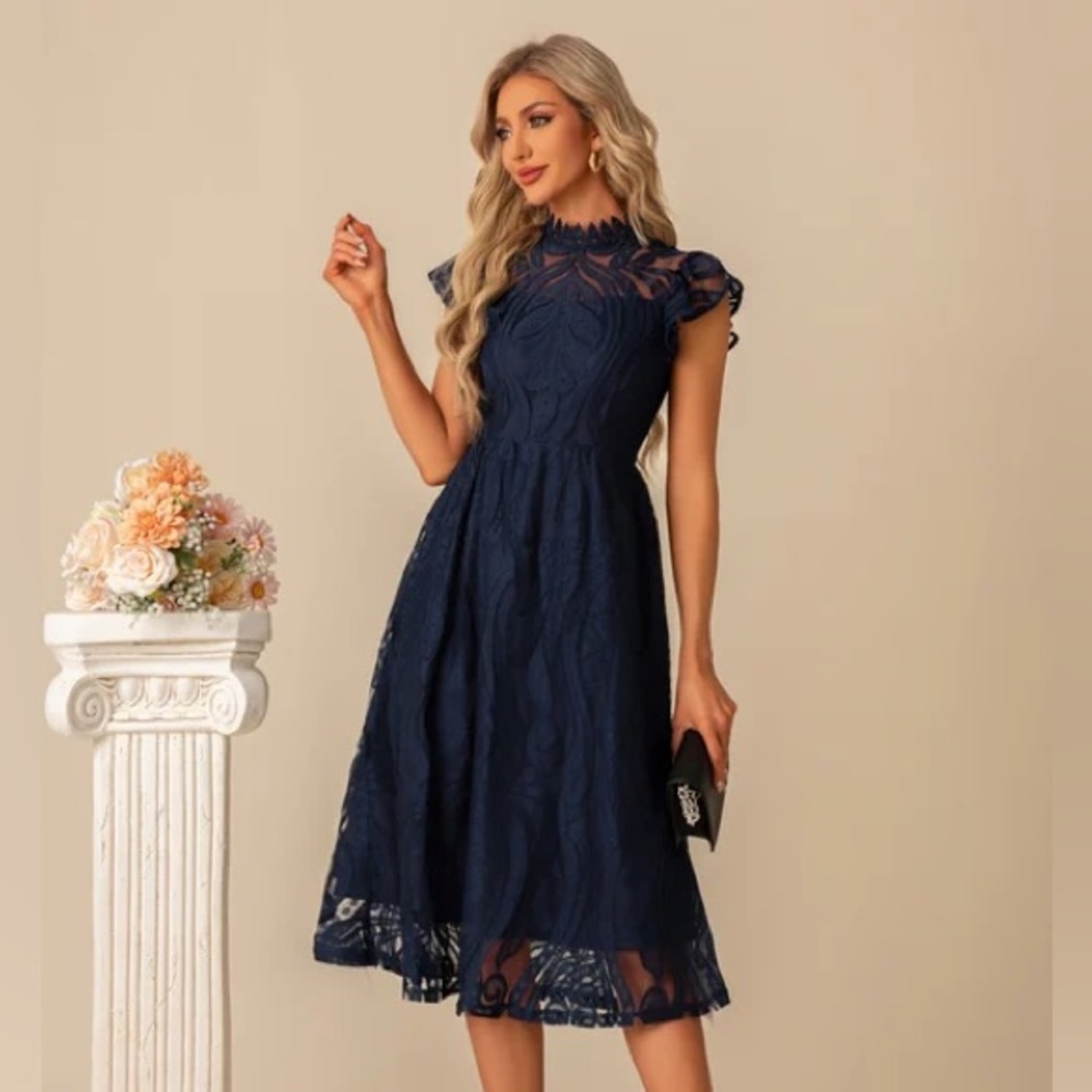 Ruffle High Neck Illusion Elegant A-line Lace Midi Dress